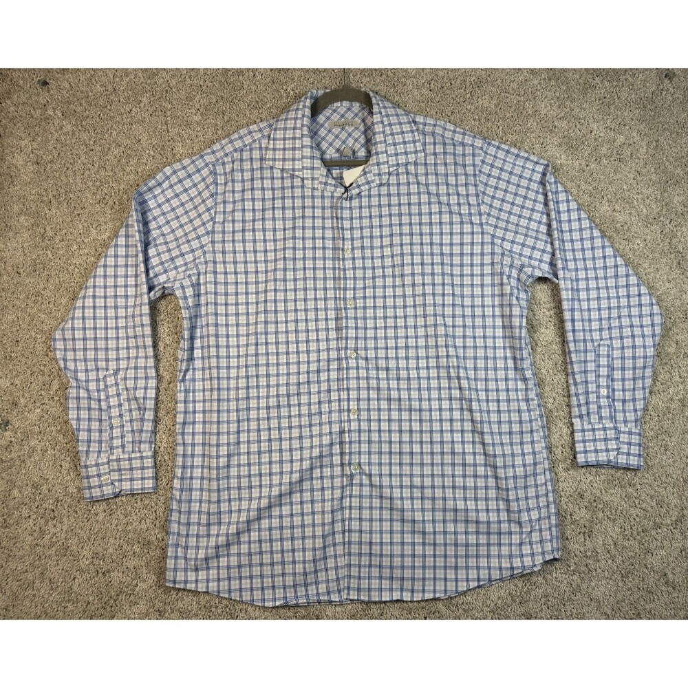 Perry Ellis Portfolio Travel Luxe Tech Shirt 17.5 34/35 Blue Plaid NWT